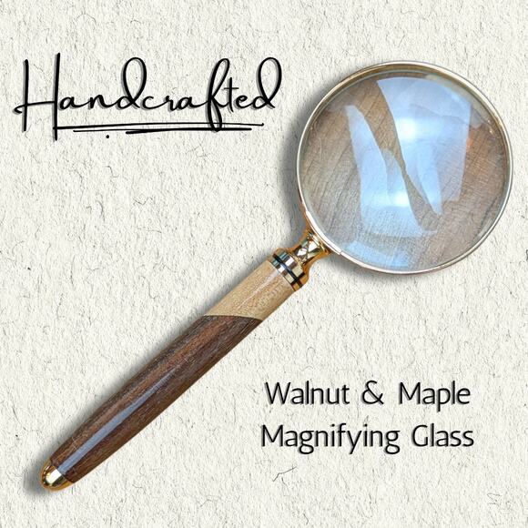 Walnut & Maple Wood Handle Magnifying Glass 7" Handcrafted USA Handheld Gift - Picture 7 of 7
